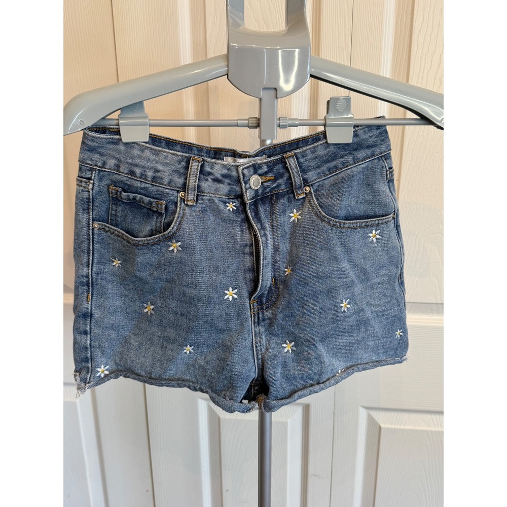 KHAKI + Blue Daisy Embroidered Denim Shorts Womens 7 28‎ Cutoff Frayed Hem